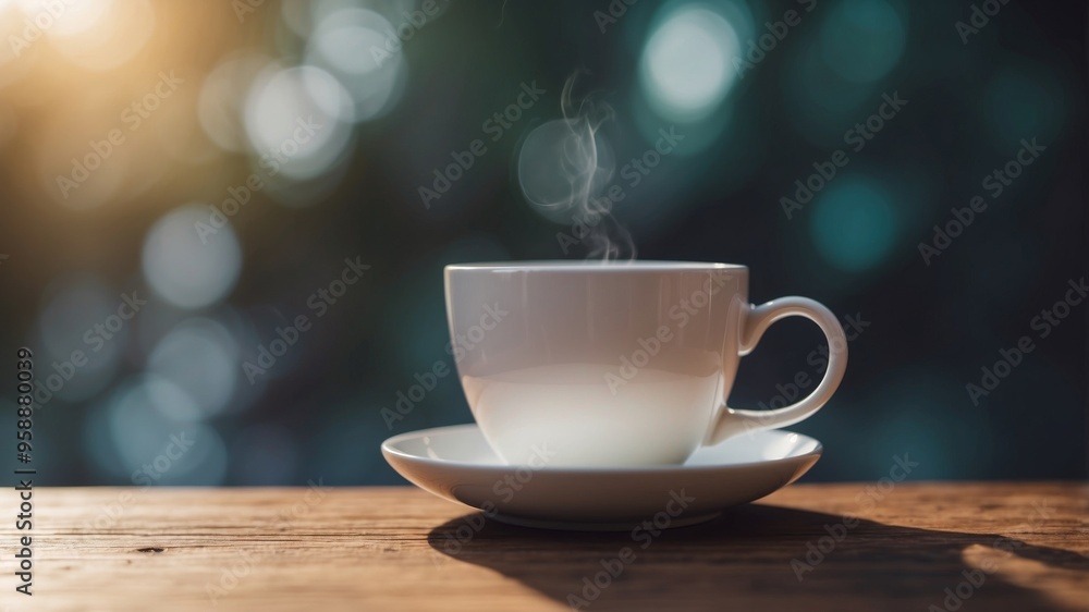 A white coffee cup with a lid sits on a table. A white coffee cup with a lid sits on a table.