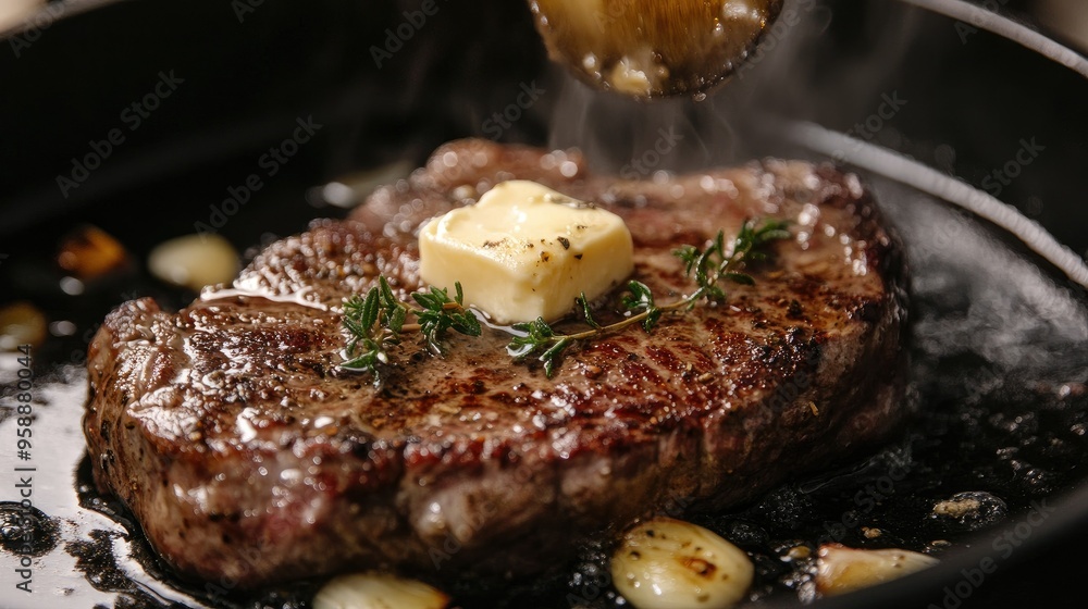 A detailed view of a steak being seared in a cast-iron skillet, with butter, garlic, and thyme melting into the meat. A detailed view of a steak being seared in a cast-iron skillet, with butter, garlic, and thyme melting into the meat.