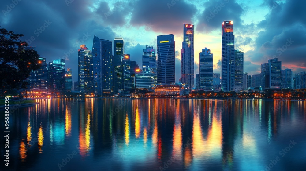 Fototapeta premium Serene Urban Nightscape Over Water