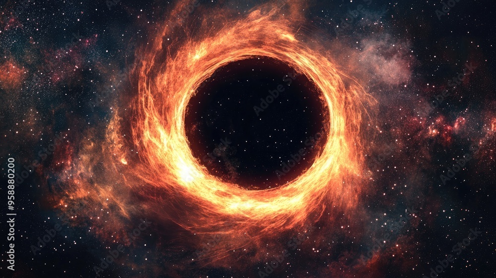 A cosmic black hole surrounded by fiery energy in a starry space backdrop. A cosmic black hole surrounded by fiery energy in a starry space backdrop.