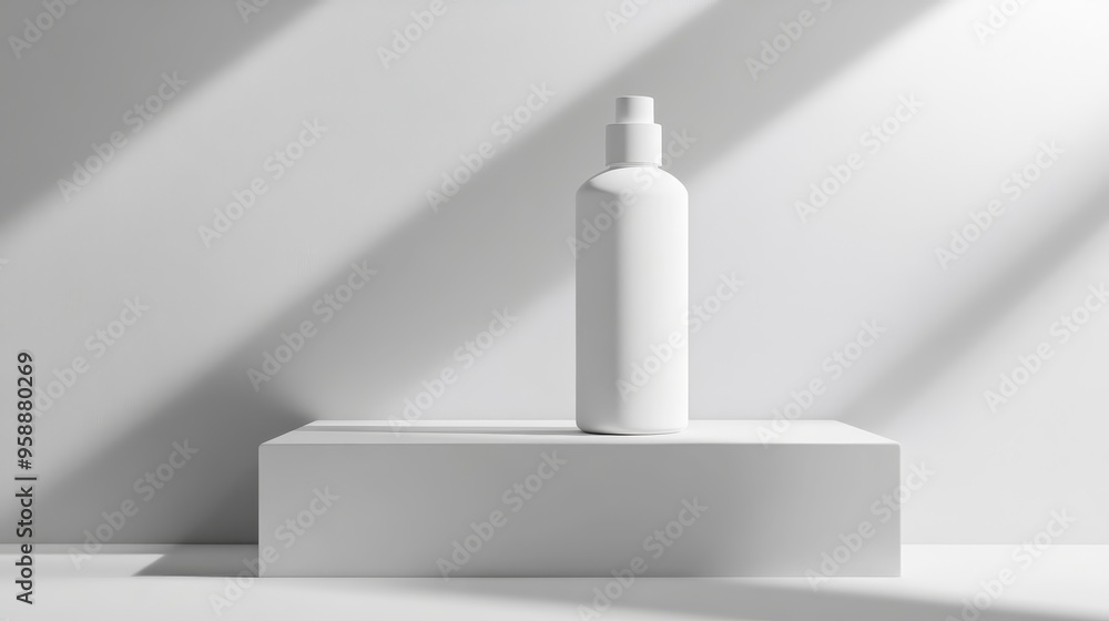 A minimalist white bottle on a pedestal, showcasing product design and highlighting its clean aesthetic. A minimalist white bottle on a pedestal, showcasing product design and highlighting its clean aesthetic.