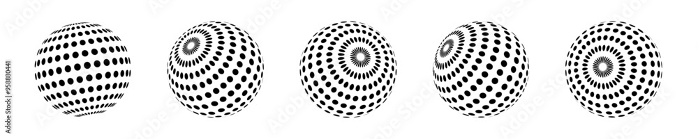 Set of isolated spheres with dot pattern with different slopes. Halftone balls, abstract 3D shape, spherical vector balls. Set of isolated spheres with dot pattern with different slopes. Halftone balls, abstract 3D shape, spherical vector balls.