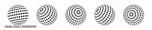 Set of isolated spheres with dot pattern with different slopes. Halftone balls, abstract 3D shape, spherical vector balls.