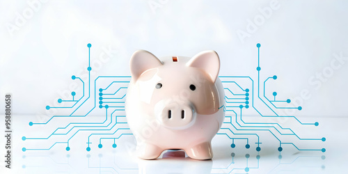 Digital Transformation: Flat AI Powered Piggy Bank with Circuit Lines Symbolizing AI's Role in Optimizing Savings and Cost Management - Vector Illustration on White Background in Smart Business Tone