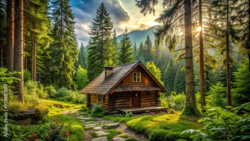 Cozy secluded cabin with rustic wooden walls and pitched roof surrounded by dense foliage of vibrant green trees in a serene forest landscape.