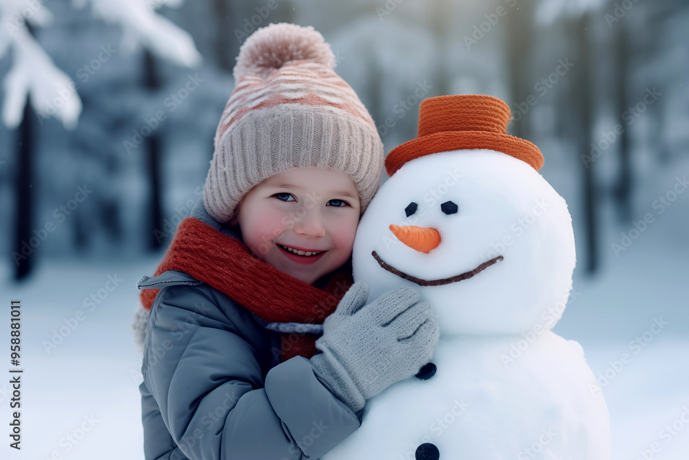 Smiling toddler in winter clothing hugging a snowman with a hat Smiling toddler in winter clothing hugging a snowman with a hat