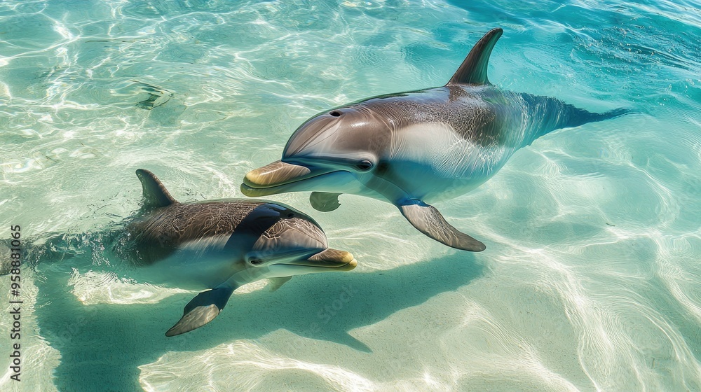 Fototapeta premium A dolphin mother and her calf swimming close together in shallow turquoise waters, showcasing their strong bond.