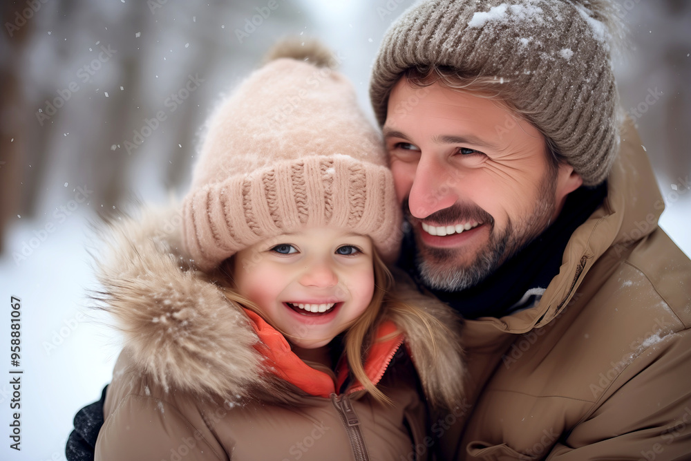 close up of Father and baby Daughter Sharing a Warm Embrace in a Winter Wonderland close up of Father and baby Daughter Sharing a Warm Embrace in a Winter Wonderland