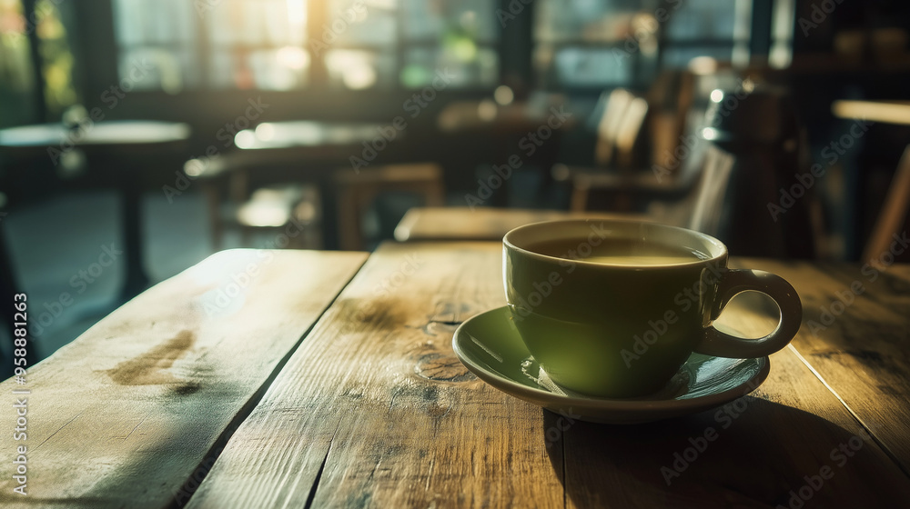 cup of green tea on the table at cafe , at sunshine cup of green tea on the table at cafe , at sunshine