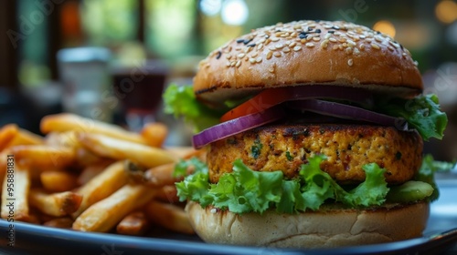 Vegan burger w/ tofu in resto, healthy food photo