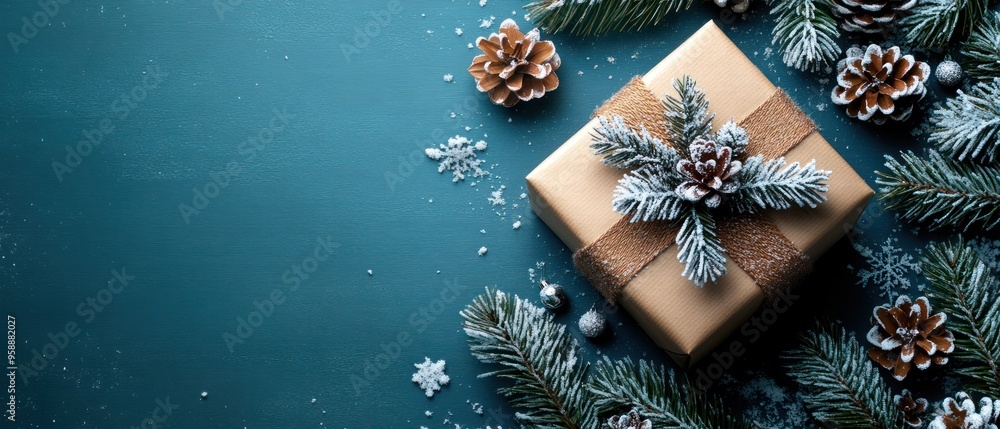 Naklejka premium A beautifully wrapped Christmas and New Year gift box adorned with festive decorations, perfect for celebrating the holiday season.