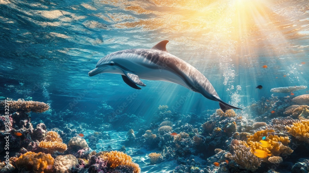 Obraz premium A dolphin swimming near a coral reef, with the sun's rays filtering through the clear water, creating a magical underwater scene.