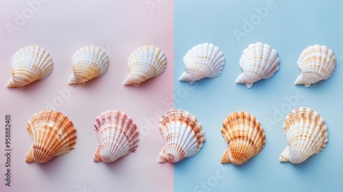 Seashells on a Pink and Blue Background