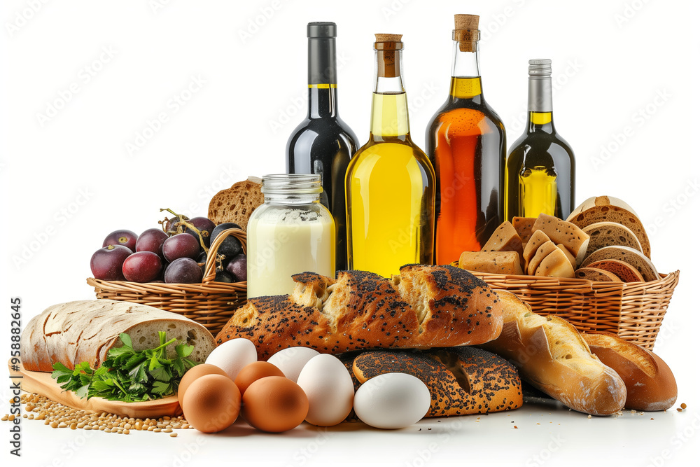A pile of food and drinks, eggs and bread. A pile of food and drinks, eggs and bread.