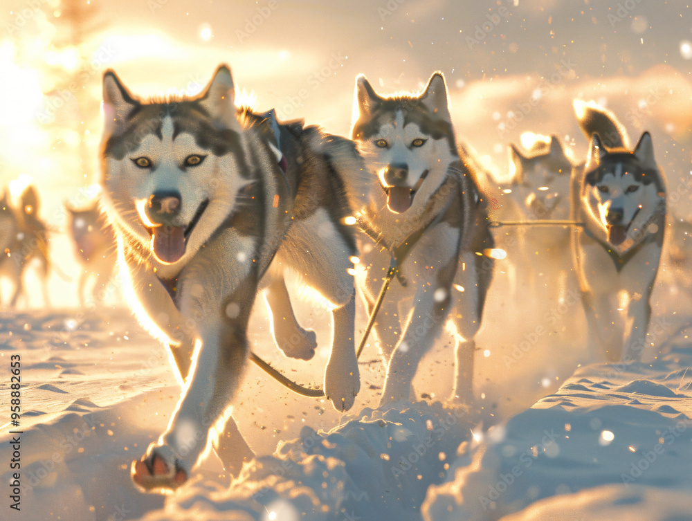 Naklejka premium An energetic Alaskan Husky racing across a snowy landscape with a team of sled dogs, capturing the thrill and speed of sledding, cinematic style, Compositing Core, 8k, detailed,