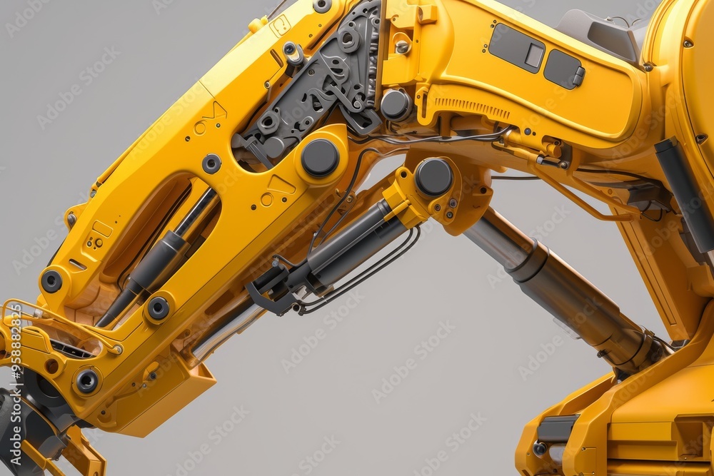 Fototapeta premium Detailed 3D Illustration of Mechanical Excavator's Hydraulic Arm - Complex Construction Machinery Engineering