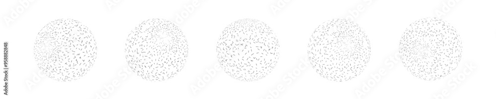 Set of isolated spheres with dot pattern with different slopes. Halftone balls, abstract 3D shape, spherical vector balls. Set of isolated spheres with dot pattern with different slopes. Halftone balls, abstract 3D shape, spherical vector balls.