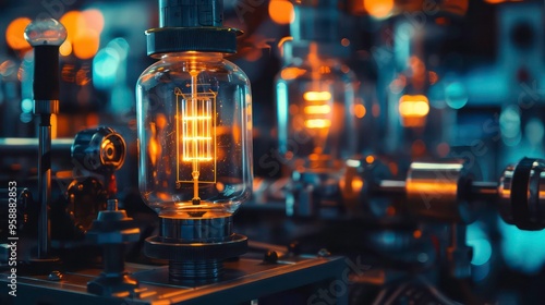 Close-up of a glowing filament inside a vintage light bulb.