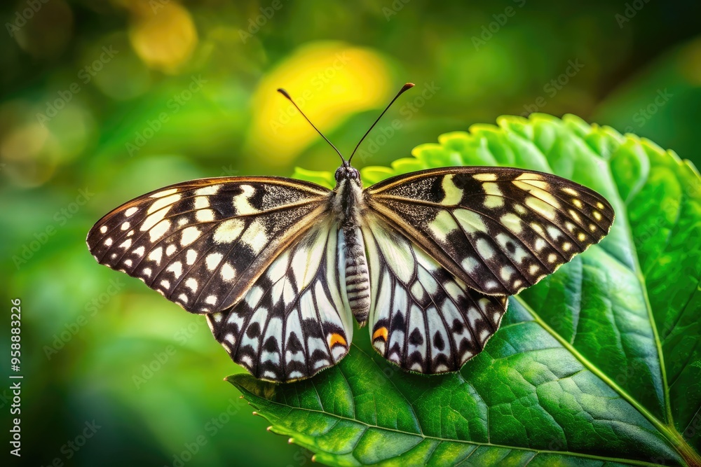 Delicate black and white spotted butterfly perches on a lush green leaf, its intricately patterned wings glisten in the soft, warm morning light. Delicate black and white spotted butterfly perches on a lush green leaf, its intricately patterned wings glisten in the soft, warm morning light.