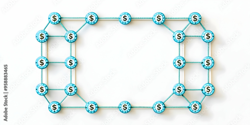 Obraz premium Modern Financial Design: Flat Blockchain and Dollar Path Frame Concept, Illustration of Secure & Efficient Transactions in Smart Business Tone