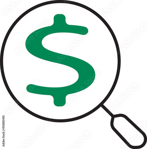 Search funds icon, market research icon, paid search icon, analyze, market analyze, dollar symbol though a magnifying glass ,Art & Illustration, market analysis icon