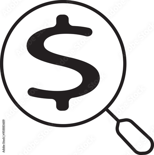 Search funds icon, market research icon, paid search icon, analyze, market analyze, dollar symbol though a magnifying glass ,Art & Illustration, market analysis icon