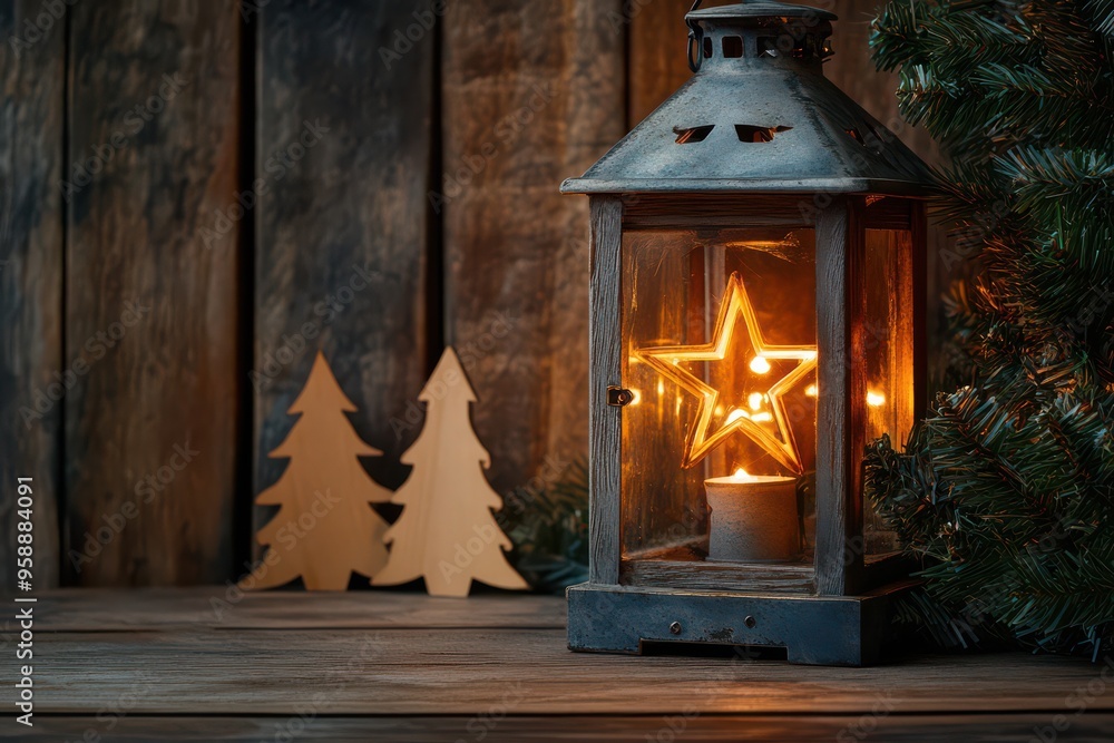 Rustic Christmas Lantern with Wooden Tree Cutouts