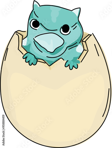 Cartoon dinosaur baby in egg illustration on transparent background.
