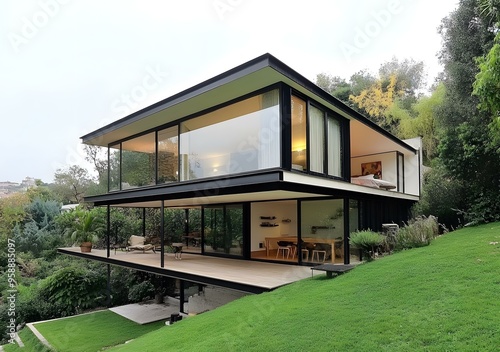 Modern House with Large Windows and Deck