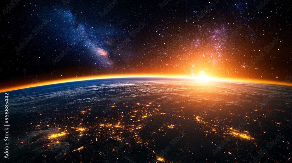 Earth from space, a view of the Earth at night with lights glowing in the cities below, stars and a galaxy in the sky above Earth from space, a view of the Earth at night with lights glowing in the cities below, stars and a galaxy in the sky above