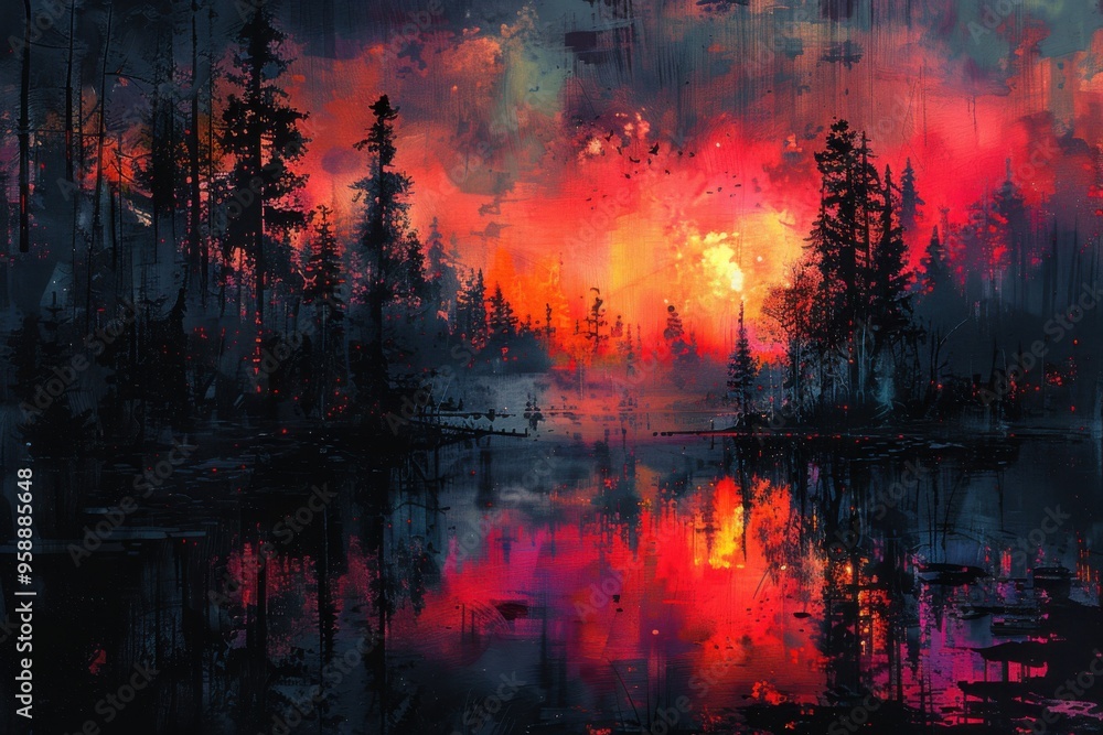 Fototapeta premium Painting of a sunset over a lake with trees and a boat