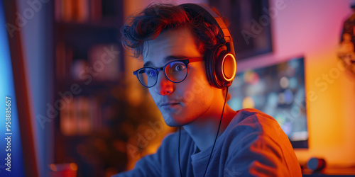 Young man student studying at home using computer and headphone.
 photo