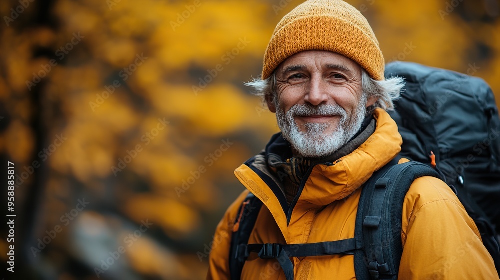 potrait of active senior man hiking in autumn mountains potrait of active senior man hiking in autumn mountains