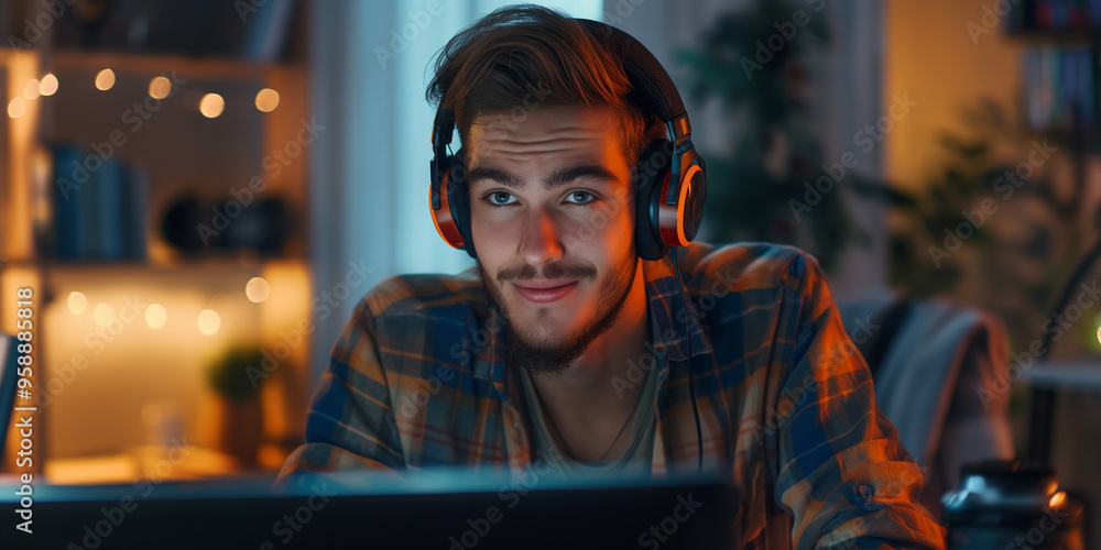 Young man student studying at home using computer and headphone.
Young man student studying at home using computer and headphone.