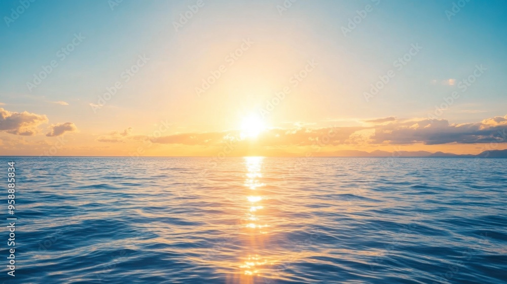 Obraz premium A bright sun rising over a serene sea, casting rays of light that sparkle on the water's surface, creating a peaceful vibe.