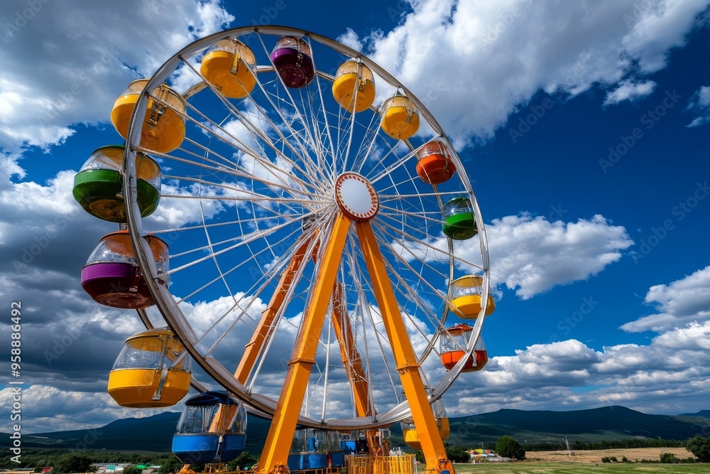 Fototapeta premium Ferris wheel, in the countryside, scenic views provide a peaceful escape with rolling hills and open fields below