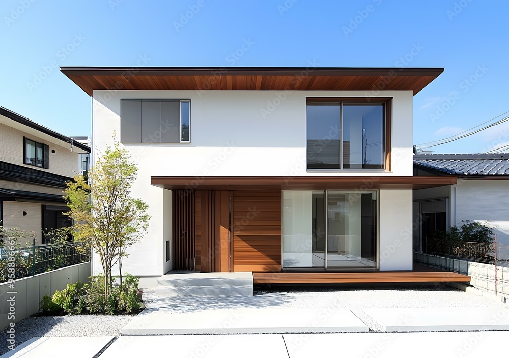 Modern White House with Wooden Accents and a Small Tree Modern White House with Wooden Accents and a Small Tree