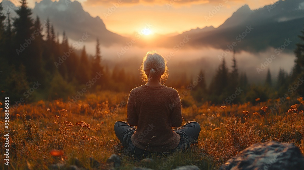 rear view of senior woman doing breathing exercise in nature on early morning with fog and mountains in background rear view of senior woman doing breathing exercise in nature on early morning with fog and mountains in background