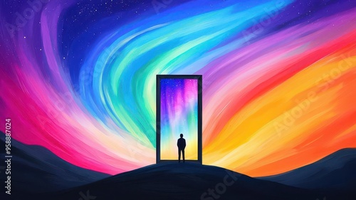 A lone figure standing on a hill, holding a frame that reveals a night sky full of auroras, contrasting the daytime setting, Surrealism, Vivid Colors, Digital Painting