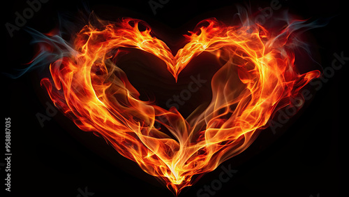 The artwork features vibrant flames elegantly shaped into a heart, set against a dark backdrop, symbolizing intense emotion and passion