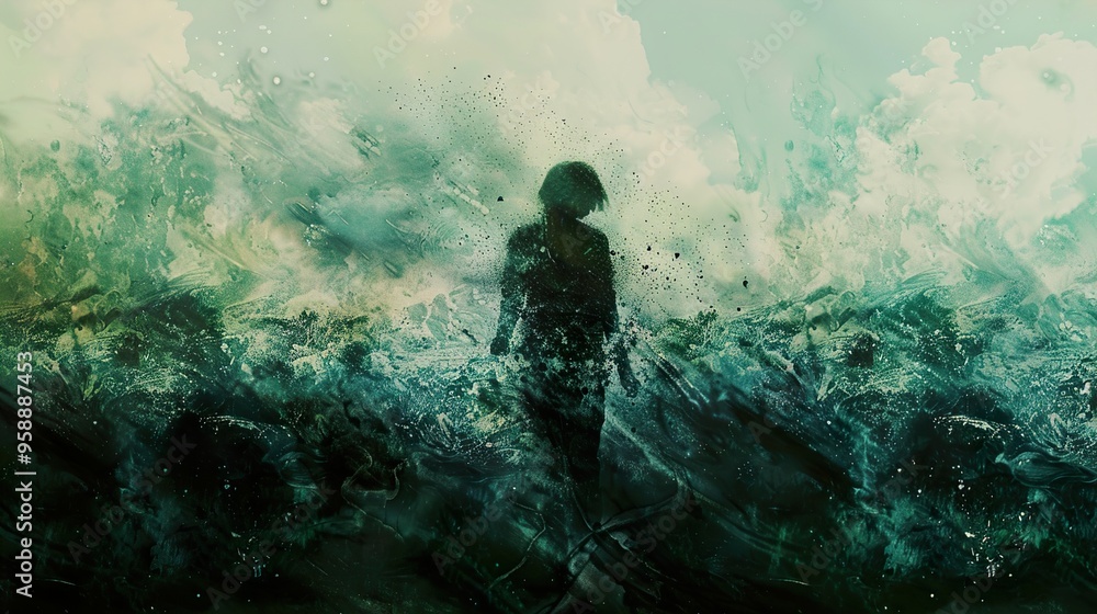 A solitary figure stands amidst a swirling, ethereal landscape, their form partially obscured by a fog-like mist. A solitary figure stands amidst a swirling, ethereal landscape, their form partially obscured by a fog-like mist.
