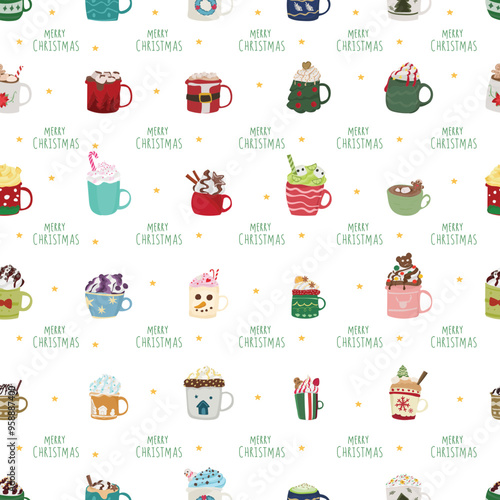 Christmas hot drink with mug seamless pattern background.
