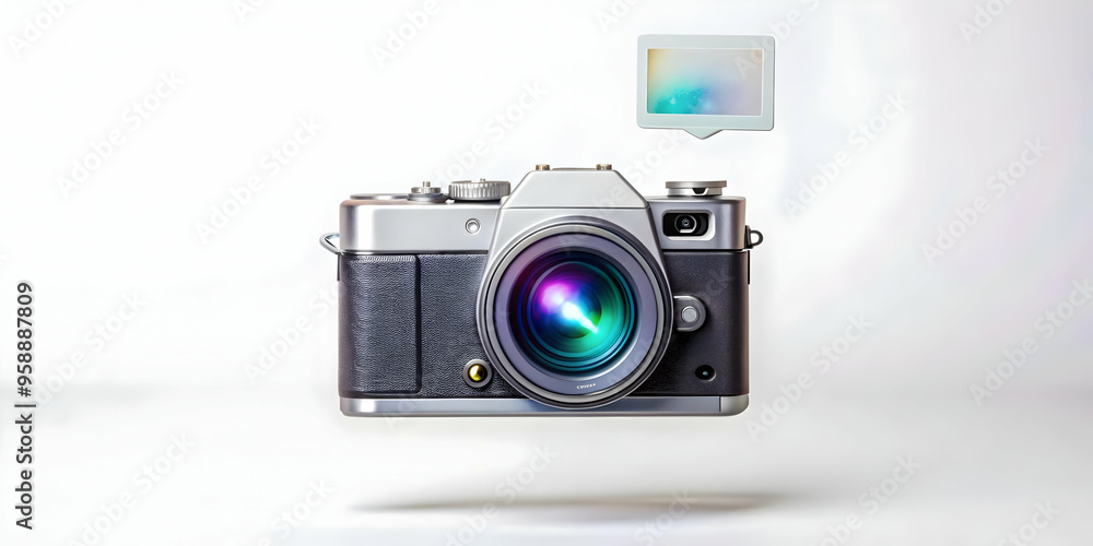 Flat Digital Camera with Holographic Memory Card Icon Floating Concept in Smart Business Tone - Close-Up Vector Illustration with Copy Space Flat Digital Camera with Holographic Memory Card Icon Floating Concept in Smart Business Tone - Close-Up Vector Illustration with Copy Space