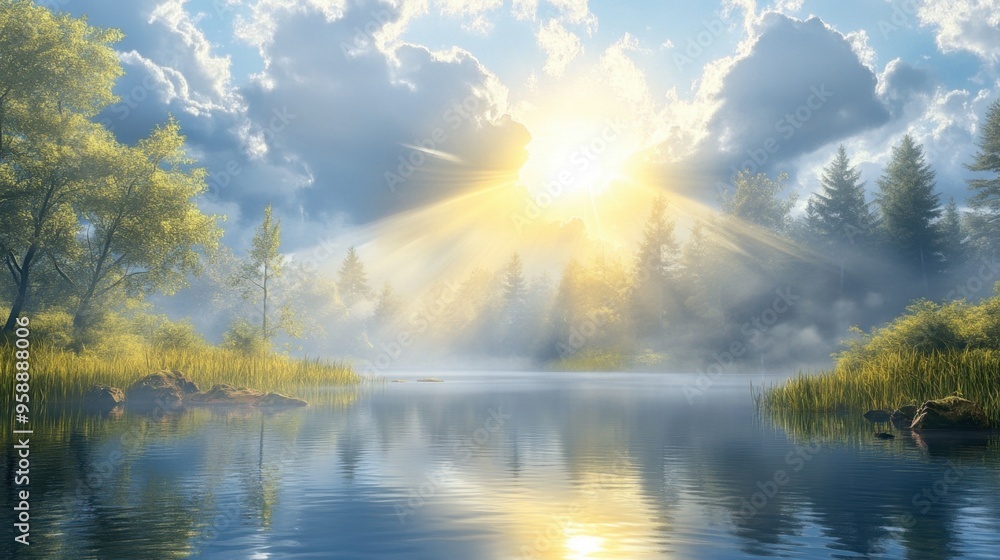 Fototapeta premium A bright sunbeam breaking through the clouds over a tranquil pond, with reflections of the sky on the still water.