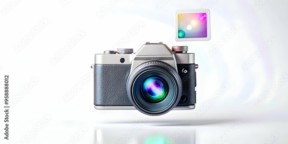 Flat Digital Camera with Holographic Memory Card Icon: Smart Business Concept in Simple Vector Illustration - Close-up Angle Focus on Interaction, Copy Space Included Flat Digital Camera with Holographic Memory Card Icon: Smart Business Concept in Simple Vector Illustration - Close-up Angle Focus on Interaction, Copy Space Included