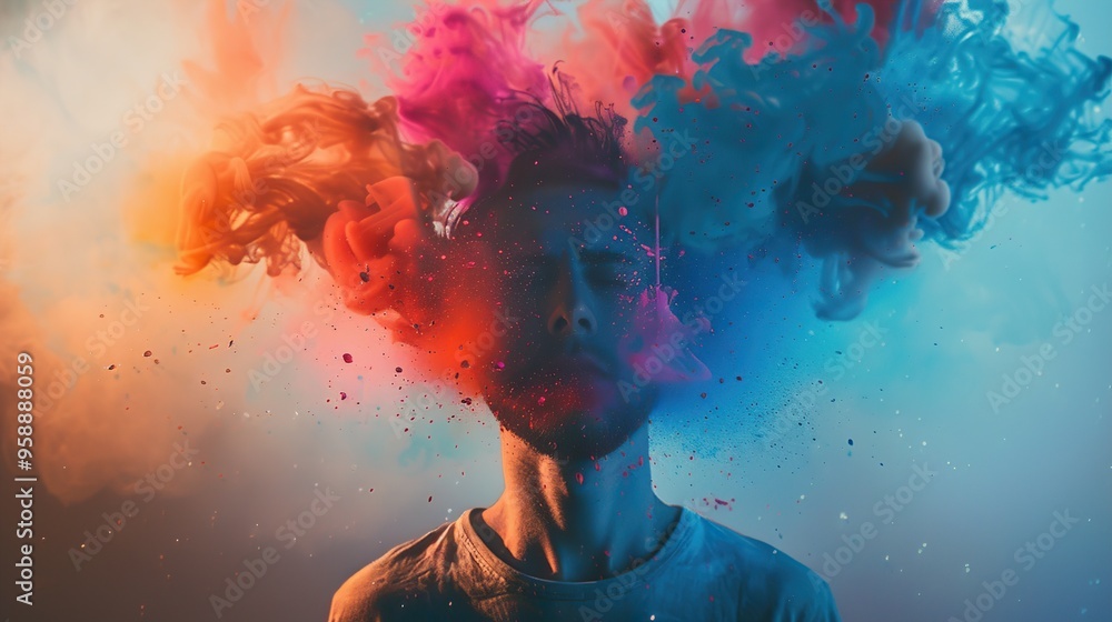 A man's face is engulfed in a colorful explosion of abstract smoke, creating a surreal and vibrant image. A man's face is engulfed in a colorful explosion of abstract smoke, creating a surreal and vibrant image.