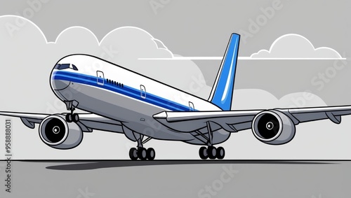 a wide-body jet airliner in side view, showcasing modern design with clean lines, vibrant colors, and a playful