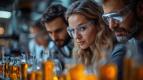 science students with teacher doing chemical experiment in the laboratory at university