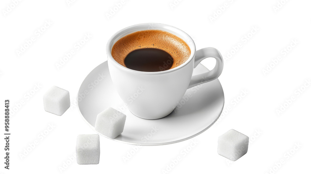 Cup of Coffee with Sugar Cubes on White Saucer Cup of Coffee with Sugar Cubes on White Saucer