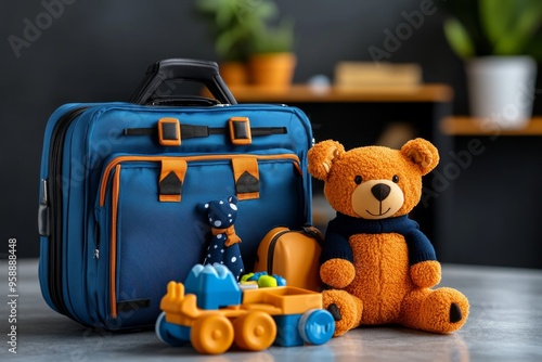 Open suitcase, childrenâ€™s toys, family trip reflect the preparations needed for traveling with little ones photo